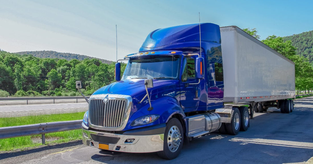 A blue semi truck with a white trailer parked beside a highway, with trees and hills under a clear sky.