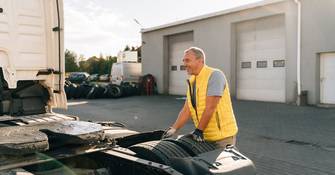 A man in a yellow vest stands in front of a semi-truck near a garage, with his hands on the front wheels.