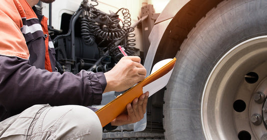A person kneeling next to the back wheels of a semi-truck, holding a clipboard and pen and taking notes.